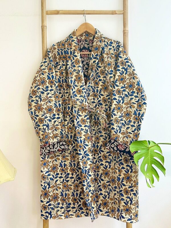 Quilted Unisex Pure Cotton Reversible Dressing Kimono Robe | Bagru Beige Blue Black Lotus Mughal Floral Gardenia | Country Christmas