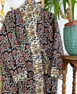Quilted Unisex Pure Cotton Reversible Dressing Kimono Robe | Bagru Beige Blue Black Lotus Mughal Floral Gardenia | Country Christmas - Image 2