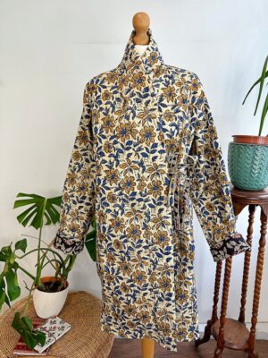 Quilted Unisex Pure Cotton Reversible Dressing Kimono Robe | Bagru Beige Blue Black Lotus Mughal Floral Gardenia | Country Christmas - Image 3