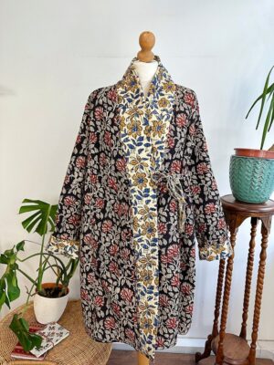 Quilted Unisex Pure Cotton Reversible Dressing Kimono Robe | Bagru Beige Blue Black Lotus Mughal Floral Gardenia | Country Christmas - Image 4