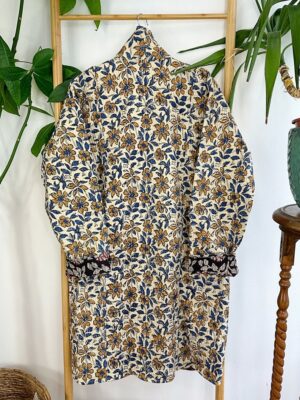 Quilted Unisex Pure Cotton Reversible Dressing Kimono Robe | Bagru Beige Blue Black Lotus Mughal Floral Gardenia | Country Christmas - Image 7