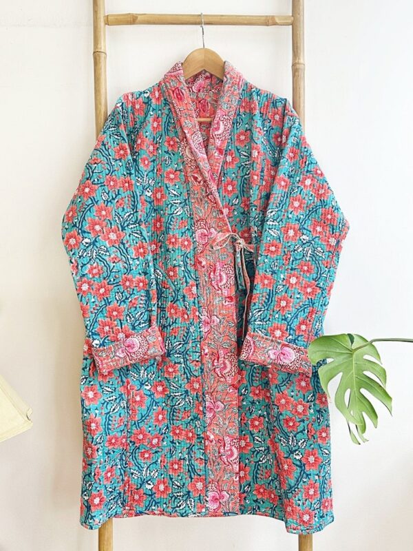 Quilted Pure Cotton Reversible Winter Dressing Kimono Robe Boho Block-print Peach Turquoise Mughal Floral Gardenia Country Stripe Christmas