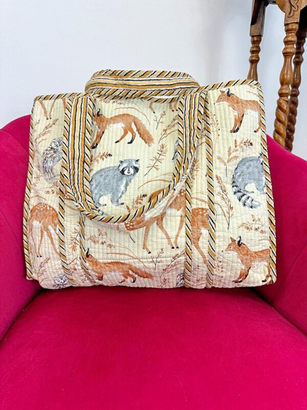 Quilted Cotton Handprinted Reversible Large Tote Bag Eco friendly Sustainable Sturdy Grocery Shopping Autumn Woodlands Fox Owl Sloth Deer