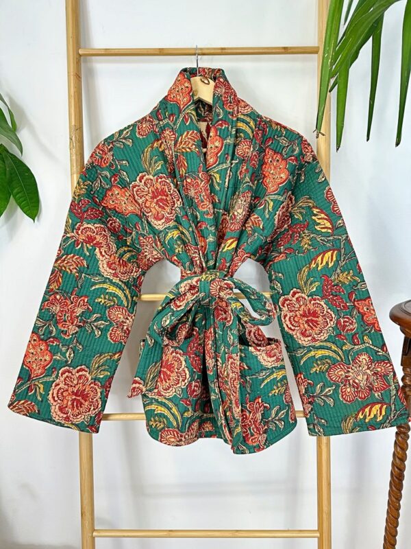 Quilted Unisex Pure Cotton Reversible Short Autumn Winter Jacket Coat Boho Indian Bagru Block-print Classic Green Maroon Red Beige Botanical