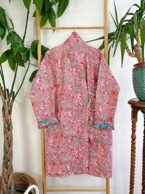Quilted Pure Cotton Reversible Winter Dressing Kimono Robe Boho Block-print Peach Turquoise Mughal Floral Gardenia Country Stripe Christmas - Image 2