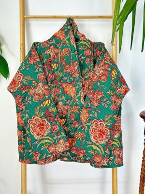 Quilted Unisex Pure Cotton Reversible Short Autumn Winter Jacket Coat Boho Indian Bagru Block-print Classic Green Maroon Red Beige Botanical - Image 2