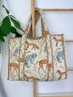 Quilted Cotton Handprinted Reversible Large Tote Bag Eco friendly Sustainable Sturdy Grocery Shopping Autumn Woodlands Fox Owl Sloth Deer - Image 2