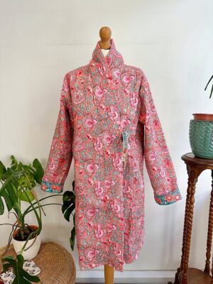 Quilted Pure Cotton Reversible Winter Dressing Kimono Robe Boho Block-print Peach Turquoise Mughal Floral Gardenia Country Stripe Christmas - Image 3