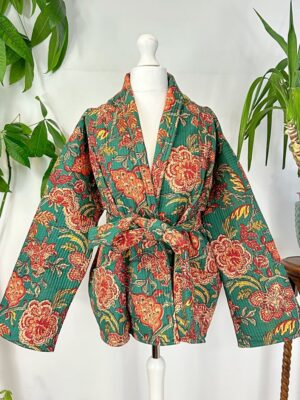 Quilted Unisex Pure Cotton Reversible Short Autumn Winter Jacket Coat Boho Indian Bagru Block-print Classic Green Maroon Red Beige Botanical - Image 3