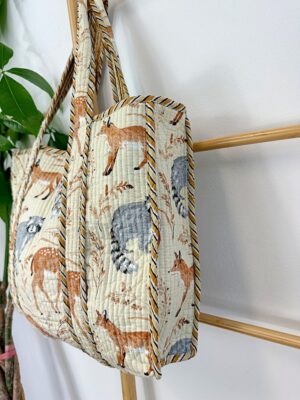 Quilted Cotton Handprinted Reversible Large Tote Bag Eco friendly Sustainable Sturdy Grocery Shopping Autumn Woodlands Fox Owl Sloth Deer - Image 3