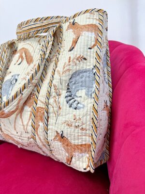 Quilted Cotton Handprinted Reversible Large Tote Bag Eco friendly Sustainable Sturdy Grocery Shopping Autumn Woodlands Fox Owl Sloth Deer - Image 4
