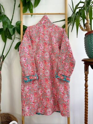 Quilted Pure Cotton Reversible Winter Dressing Kimono Robe Boho Block-print Peach Turquoise Mughal Floral Gardenia Country Stripe Christmas - Image 5