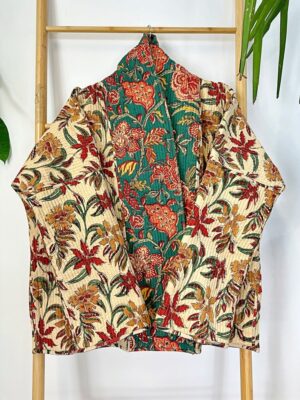 Quilted Unisex Pure Cotton Reversible Short Autumn Winter Jacket Coat Boho Indian Bagru Block-print Classic Green Maroon Red Beige Botanical - Image 5
