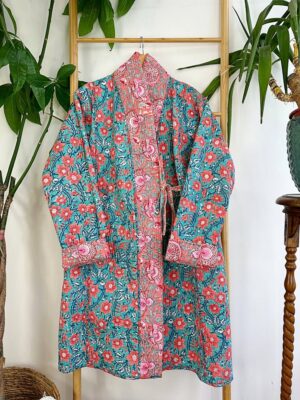 Quilted Pure Cotton Reversible Winter Dressing Kimono Robe Boho Block-print Peach Turquoise Mughal Floral Gardenia Country Stripe Christmas - Image 6