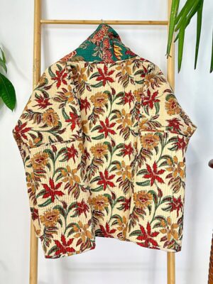 Quilted Unisex Pure Cotton Reversible Short Autumn Winter Jacket Coat Boho Indian Bagru Block-print Classic Green Maroon Red Beige Botanical - Image 6