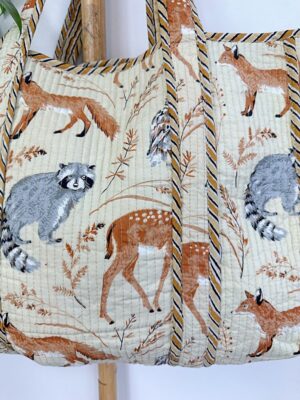 Quilted Cotton Handprinted Reversible Large Tote Bag Eco friendly Sustainable Sturdy Grocery Shopping Autumn Woodlands Fox Owl Sloth Deer - Image 6