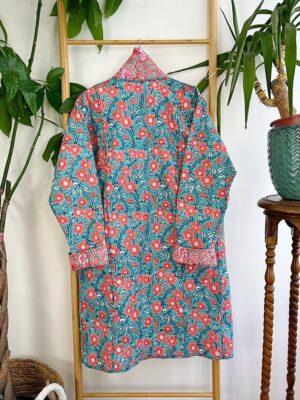 Quilted Pure Cotton Reversible Winter Dressing Kimono Robe Boho Block-print Peach Turquoise Mughal Floral Gardenia Country Stripe Christmas - Image 7