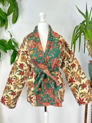 Quilted Unisex Pure Cotton Reversible Short Autumn Winter Jacket Coat Boho Indian Bagru Block-print Classic Green Maroon Red Beige Botanical - Image 7