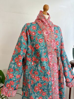 Quilted Pure Cotton Reversible Winter Dressing Kimono Robe Boho Block-print Peach Turquoise Mughal Floral Gardenia Country Stripe Christmas - Image 8