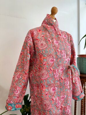 Quilted Pure Cotton Reversible Winter Dressing Kimono Robe Boho Block-print Peach Turquoise Mughal Floral Gardenia Country Stripe Christmas - Image 9