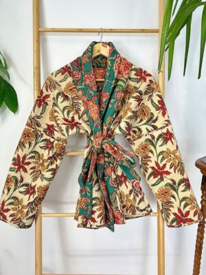 Quilted Unisex Pure Cotton Reversible Short Autumn Winter Jacket Coat Boho Indian Bagru Block-print Classic Green Maroon Red Beige Botanical - Image 9
