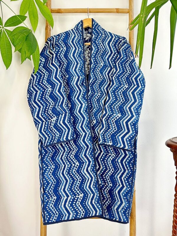Quilted Unisex Pure Cotton Reversible Knee Short Length Smoking Jacket Robe | Boho Handprint Indian Blockprint | Indigo Chevron White Floral