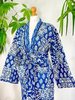 Quilted Unisex Pure Cotton Reversible Knee Short Length Smoking Jacket Robe | Boho Handprint Indian Blockprint | Indigo Chevron White Floral - Image 10