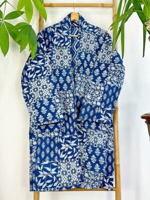 Quilted Unisex Pure Cotton Reversible Knee Short Length Smoking Jacket Robe | Boho Handprint Indian Blockprint | Indigo Chevron White Floral - Image 2