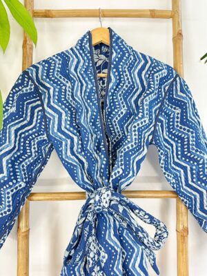 Quilted Unisex Pure Cotton Reversible Knee Short Length Smoking Jacket Robe | Boho Handprint Indian Blockprint | Indigo Chevron White Floral - Image 3