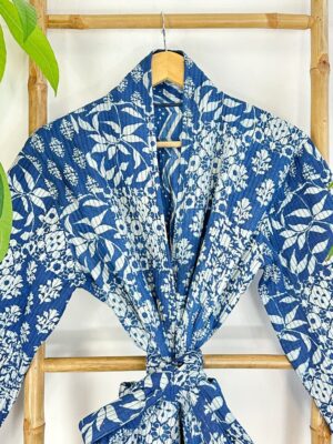 Quilted Unisex Pure Cotton Reversible Knee Short Length Smoking Jacket Robe | Boho Handprint Indian Blockprint | Indigo Chevron White Floral - Image 4