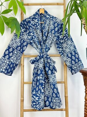 Quilted Unisex Pure Cotton Reversible Knee Short Length Smoking Jacket Robe | Boho Handprint Indian Blockprint | Indigo Chevron White Floral - Image 5