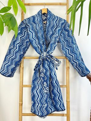 Quilted Unisex Pure Cotton Reversible Knee Short Length Smoking Jacket Robe | Boho Handprint Indian Blockprint | Indigo Chevron White Floral - Image 6