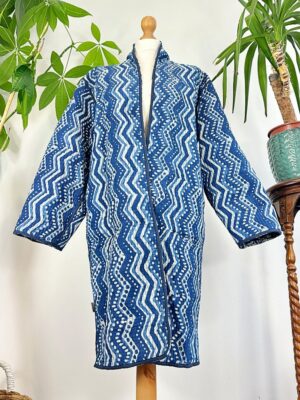 Quilted Unisex Pure Cotton Reversible Knee Short Length Smoking Jacket Robe | Boho Handprint Indian Blockprint | Indigo Chevron White Floral - Image 7