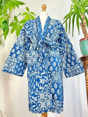 Quilted Unisex Pure Cotton Reversible Knee Short Length Smoking Jacket Robe | Boho Handprint Indian Blockprint | Indigo Chevron White Floral - Image 8