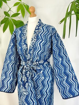 Quilted Unisex Pure Cotton Reversible Knee Short Length Smoking Jacket Robe | Boho Handprint Indian Blockprint | Indigo Chevron White Floral - Image 9