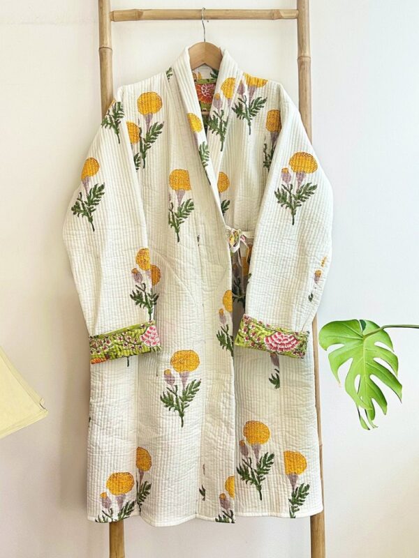 Quilted Pure Cotton Reversible Winter Dressing Kimono Robe Boho Block-print Pastel White Green Mughal Motif Marigold Gardenia Country