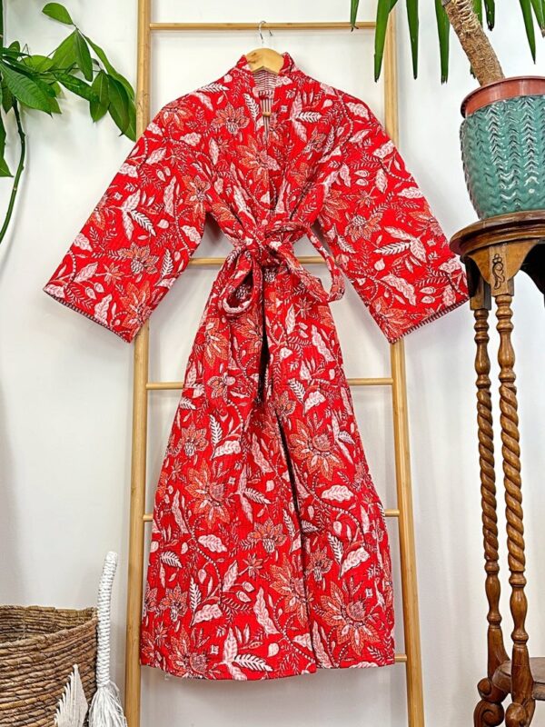 Quilted Unisex Pure Cotton Reversible Long Length Autumn Winter Dressing Kimono Robe Boho Indian Hand Block-print Red White Christmas Love