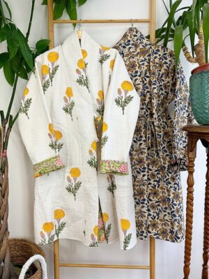 Quilted Pure Cotton Reversible Winter Dressing Kimono Robe Boho Block-print Pastel White Green Mughal Motif Marigold Gardenia Country - Image 10
