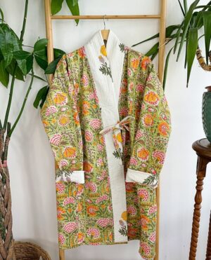 Quilted Pure Cotton Reversible Winter Dressing Kimono Robe Boho Block-print Pastel White Green Mughal Motif Marigold Gardenia Country - Image 2