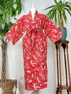 Quilted Unisex Pure Cotton Reversible Long Length Autumn Winter Dressing Kimono Robe Boho Indian Hand Block-print Red White Christmas Love - Image 2