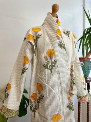 Quilted Pure Cotton Reversible Winter Dressing Kimono Robe Boho Block-print Pastel White Green Mughal Motif Marigold Gardenia Country - Image 4