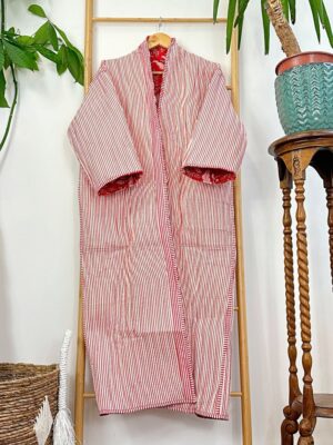 Quilted Unisex Pure Cotton Reversible Long Length Autumn Winter Dressing Kimono Robe Boho Indian Hand Block-print Red White Christmas Love - Image 3