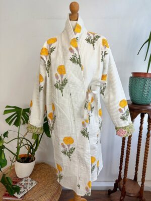 Quilted Pure Cotton Reversible Winter Dressing Kimono Robe Boho Block-print Pastel White Green Mughal Motif Marigold Gardenia Country - Image 5