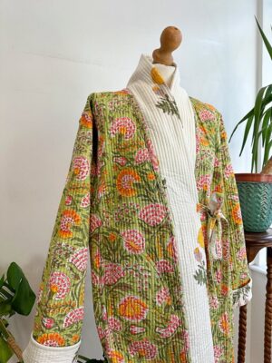 Quilted Pure Cotton Reversible Winter Dressing Kimono Robe Boho Block-print Pastel White Green Mughal Motif Marigold Gardenia Country - Image 6