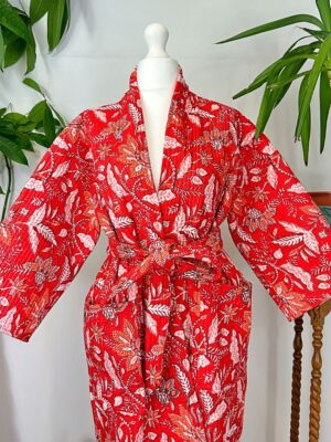 Quilted Unisex Pure Cotton Reversible Long Length Autumn Winter Dressing Kimono Robe Boho Indian Hand Block-print Red White Christmas Love - Image 5