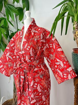 Quilted Unisex Pure Cotton Reversible Long Length Autumn Winter Dressing Kimono Robe Boho Indian Hand Block-print Red White Christmas Love - Image 6