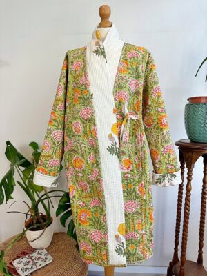 Quilted Pure Cotton Reversible Winter Dressing Kimono Robe Boho Block-print Pastel White Green Mughal Motif Marigold Gardenia Country - Image 7
