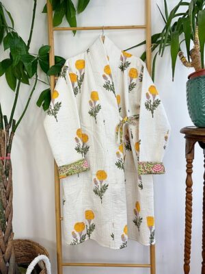 Quilted Pure Cotton Reversible Winter Dressing Kimono Robe Boho Block-print Pastel White Green Mughal Motif Marigold Gardenia Country - Image 8