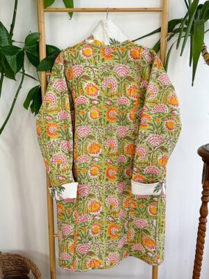 Quilted Pure Cotton Reversible Winter Dressing Kimono Robe Boho Block-print Pastel White Green Mughal Motif Marigold Gardenia Country - Image 9