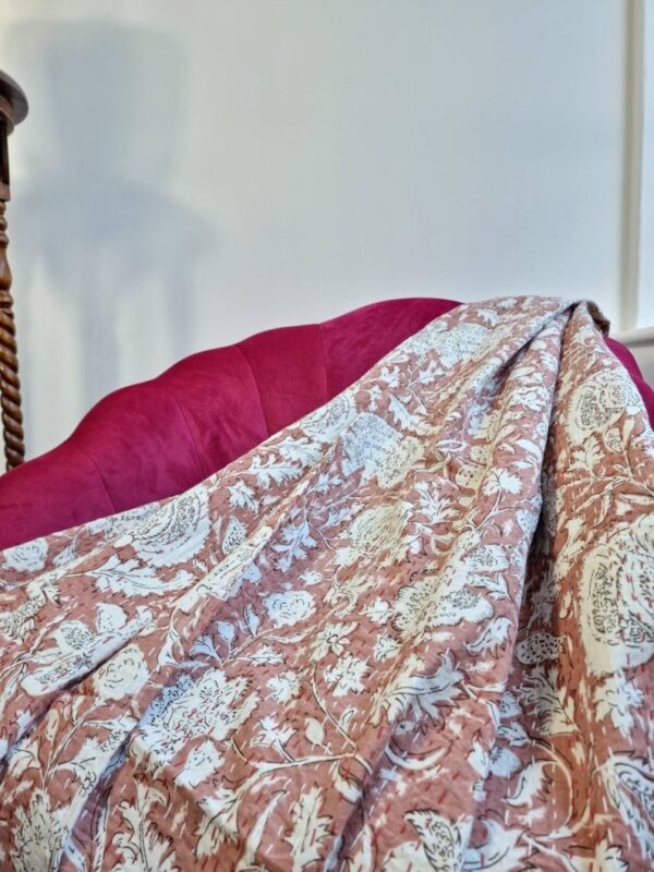 Kantha Stitch Pure Cotton Reversible Bed/Sofa Throw King Size Handmade Floral Indian Dohar Elegant Dusted Rose Peach Botanical Bloom